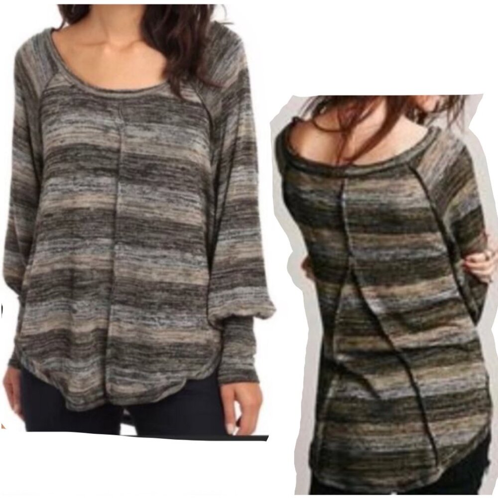 Free People Gray Striped Long Sleeve Knit Top Size XS